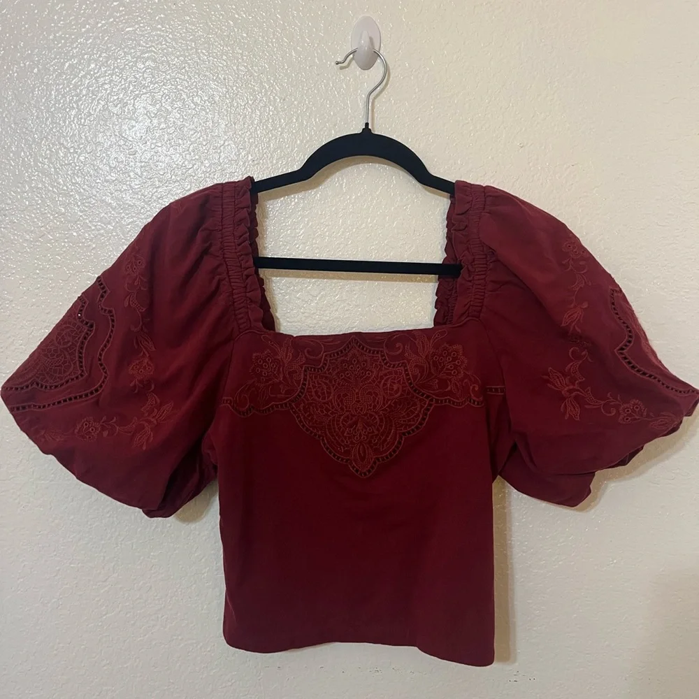 Express Puff Sleeve Burgundy Blouse with Embroidered Details - Picture 1 of 4